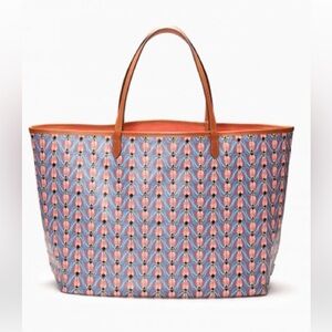 Stella & Dot Patterned Pink Blue Tote Bag  Tan Handles